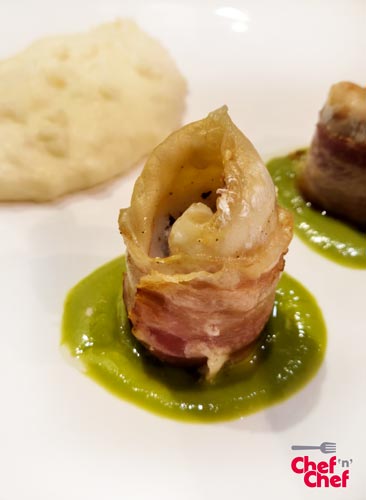 Chef privato per cene a casa Milano: turbante di branzino porchettato e crema di piselli